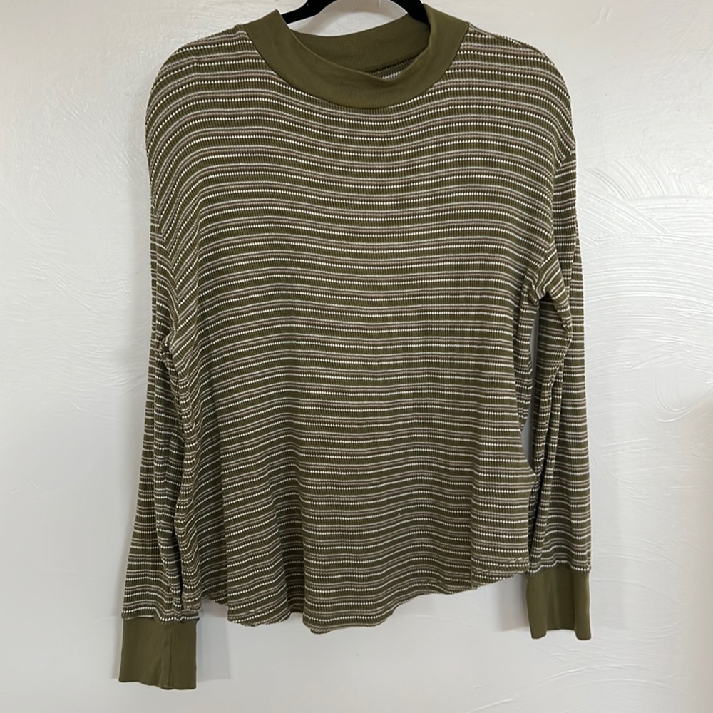Madewell Mockneck Waffle Sweatshirt Tee in Green/Pink Stripe Size Large